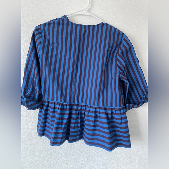 GANNI Striped Organic Cotton Peplum Blouse Blue Burgundy Tie Front Top Size 34 - Picture 5 of 5